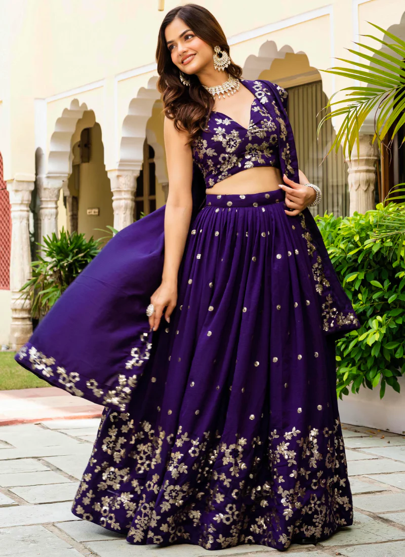 Georgette Sequence Work Purple Function Wear Lehenga Choli With Dupatta - Image 4