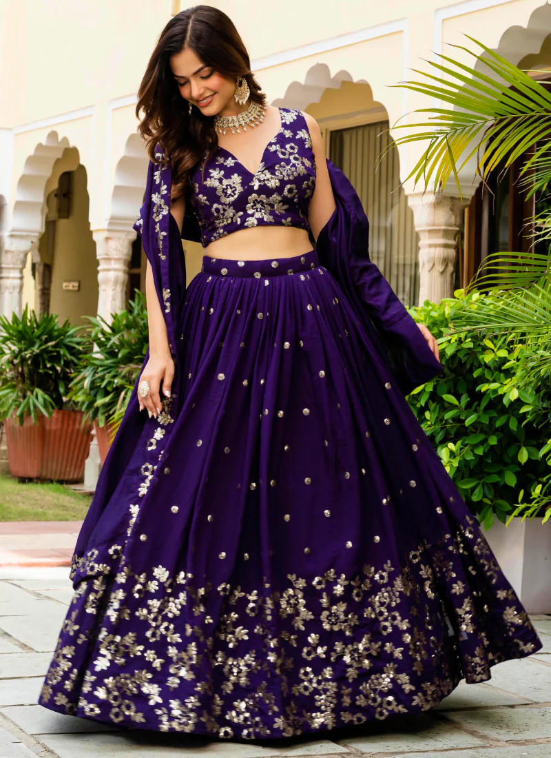 Georgette Sequence Work Purple Function Wear Lehenga Choli With Dupatta - Image 5