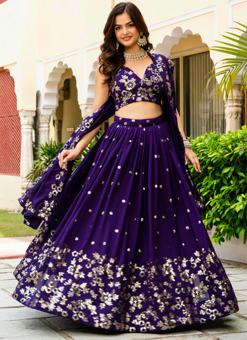 Georgette Sequence Work Purple Function Wear Lehenga Choli With Dupatta - Image 6