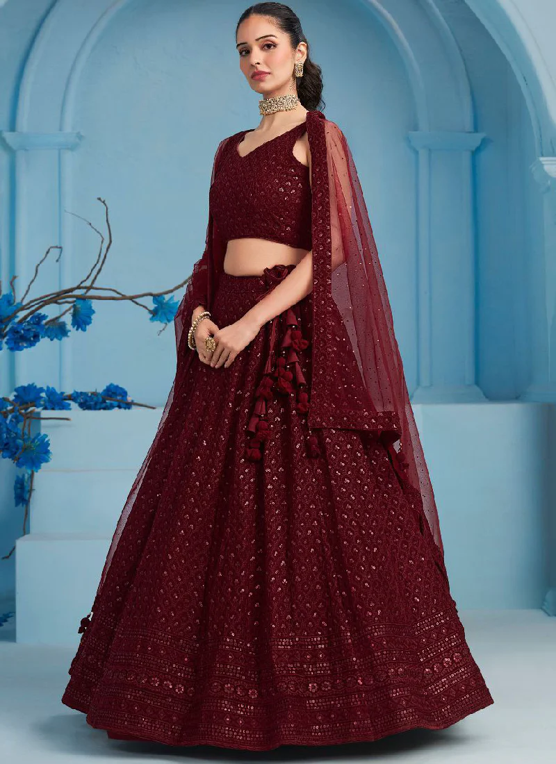 Georgette Thread Embroidered Work Maroon Monochrome Lehenga Choli - Image 3