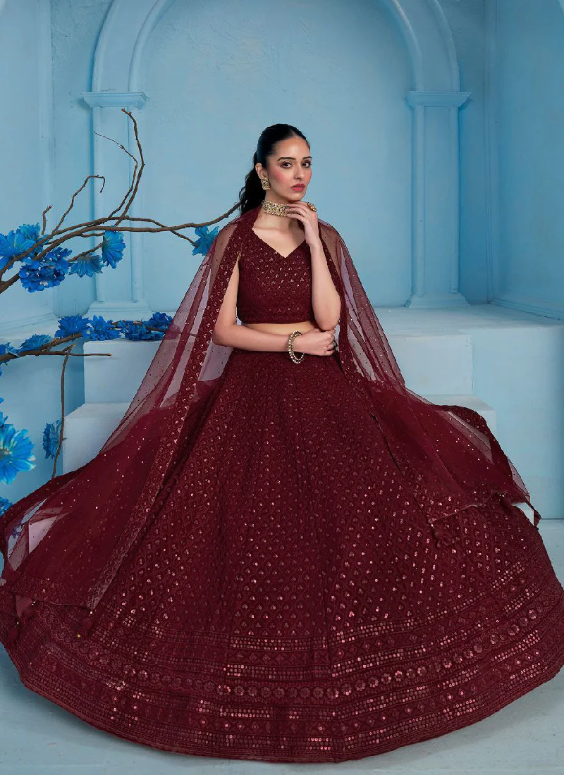 Georgette Thread Embroidered Work Maroon Monochrome Lehenga Choli - Image 7