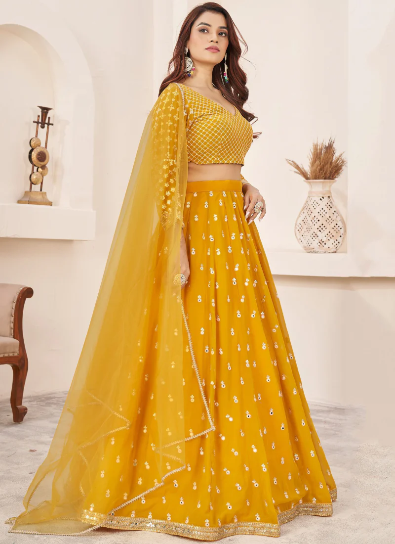 Georgette Thread Embroidery Work Yellow Haldi Lehenga Choli - Image 2