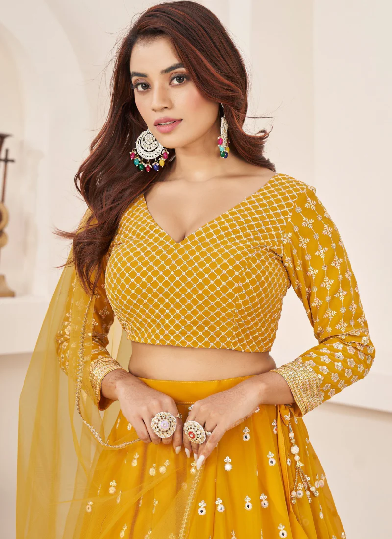 Georgette Thread Embroidery Work Yellow Haldi Lehenga Choli - Image 4