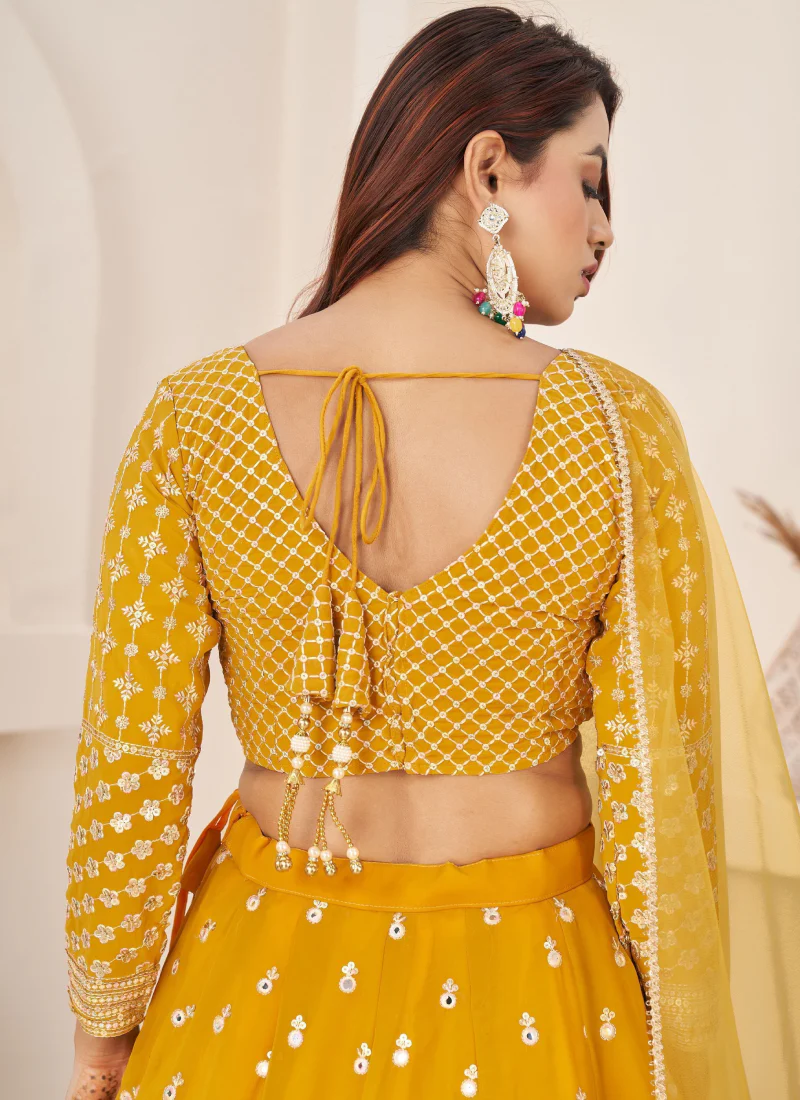 Georgette Thread Embroidery Work Yellow Haldi Lehenga Choli - Image 5