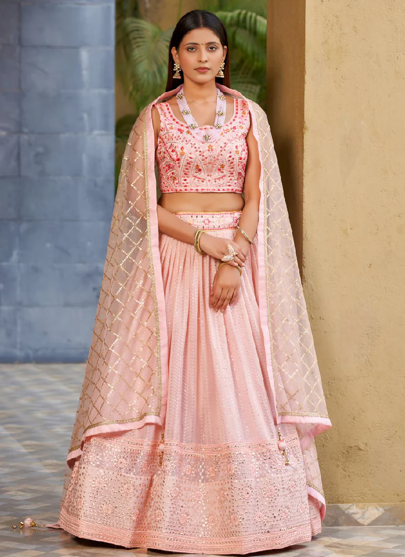Georgette Zari Embroidered Light Pink Fancy Lehenga Choli For Women