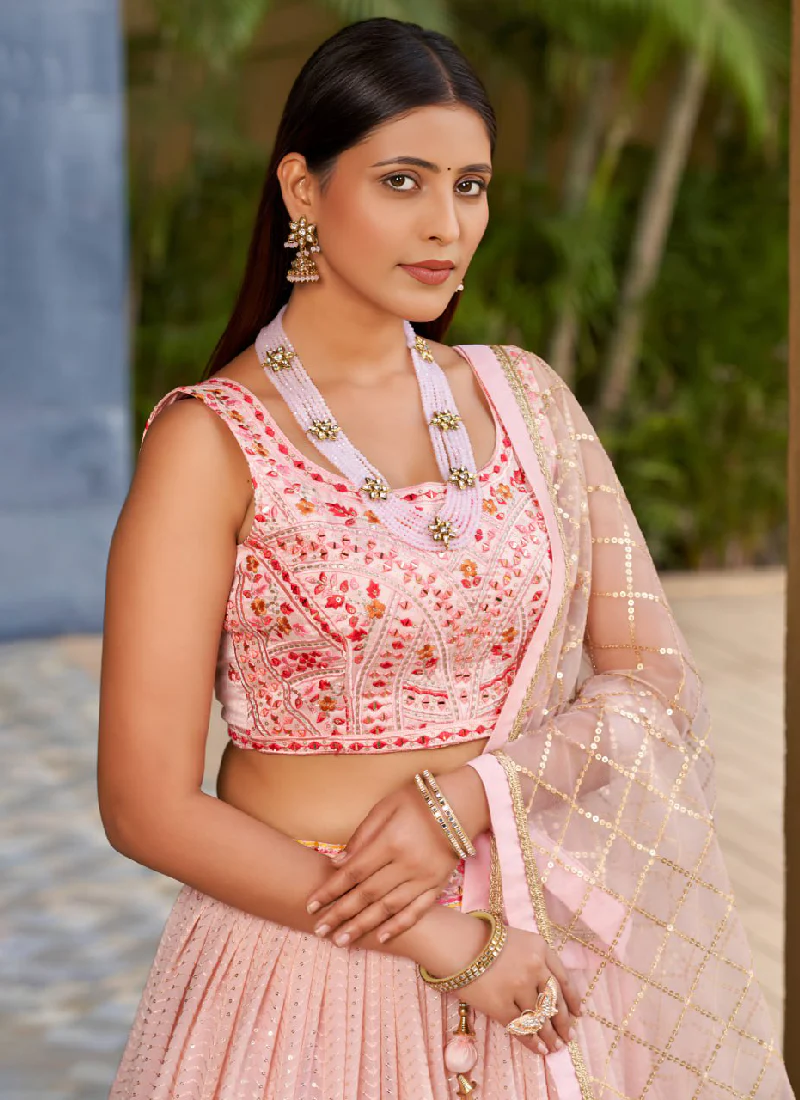 Georgette Zari Embroidered Light Pink Fancy Lehenga Choli For Women - Image 2