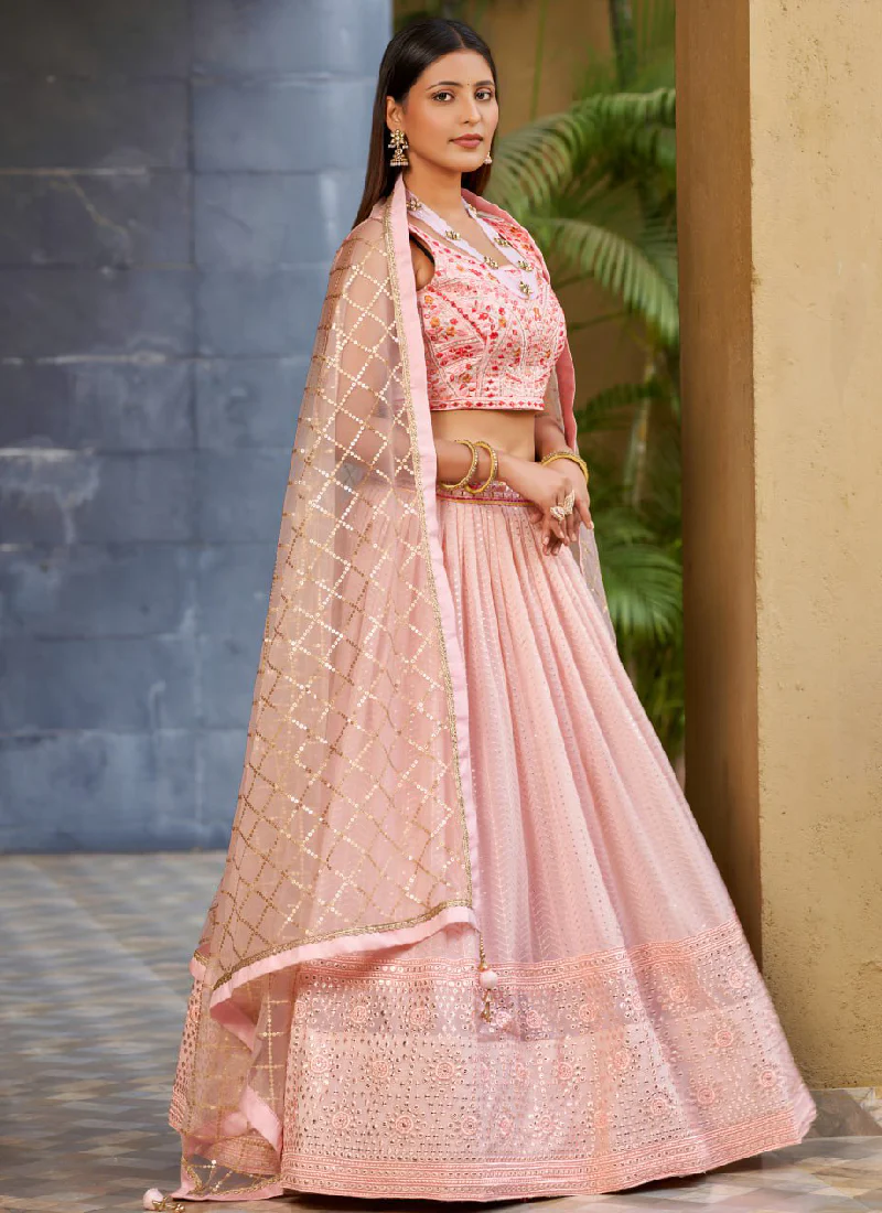 Georgette Zari Embroidered Light Pink Fancy Lehenga Choli For Women - Image 4