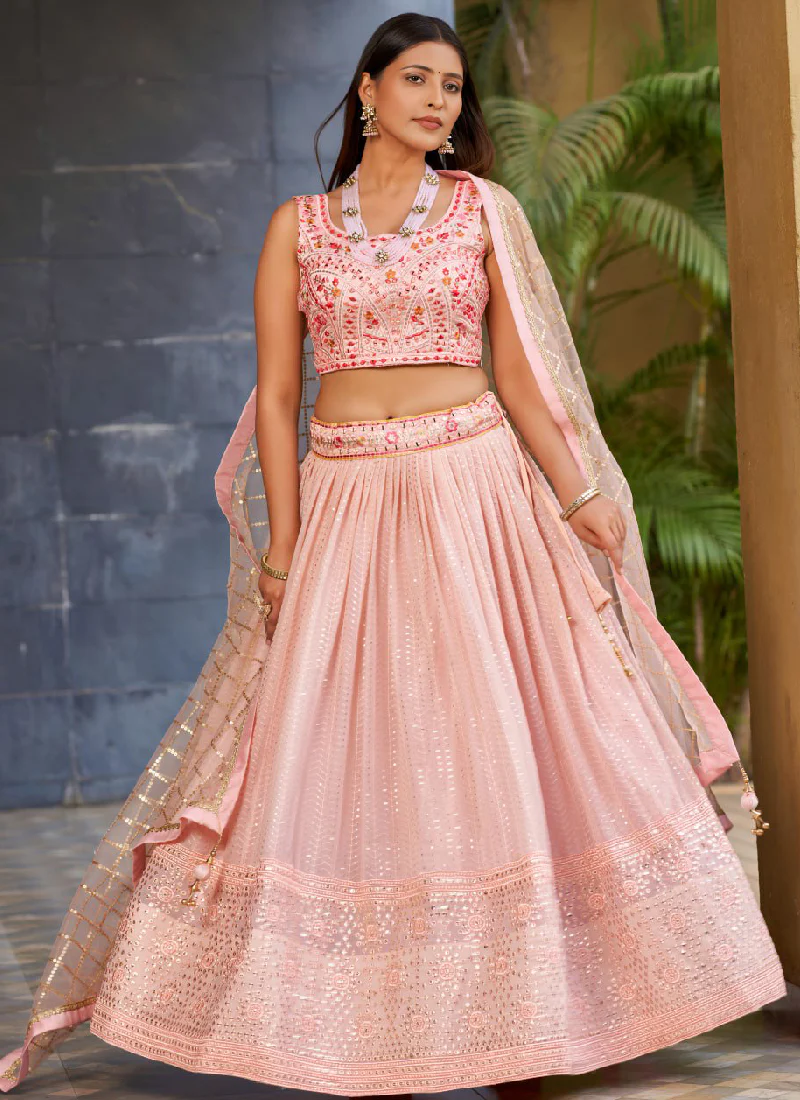 Georgette Zari Embroidered Light Pink Fancy Lehenga Choli For Women - Image 6