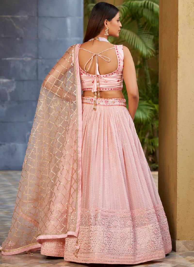 Georgette Zari Embroidered Light Pink Fancy Lehenga Choli For Women - Image 7