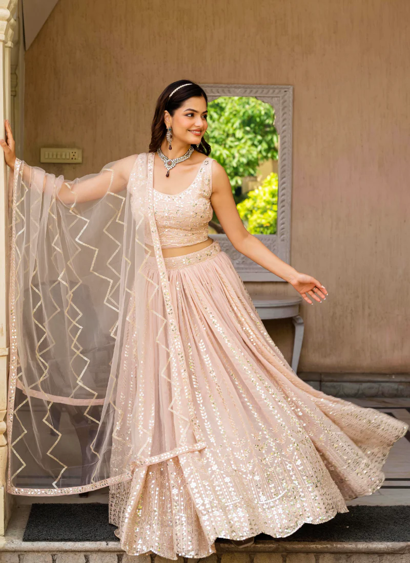 Georgette Zari Sequence Work Peach Festival Lehenga Choli For Women - Image 10