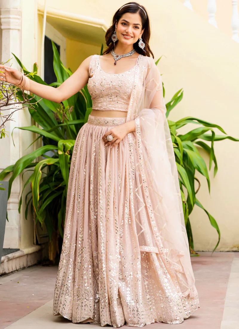 Georgette Zari Sequence Work Peach Festival Lehenga Choli For Women - Image 3