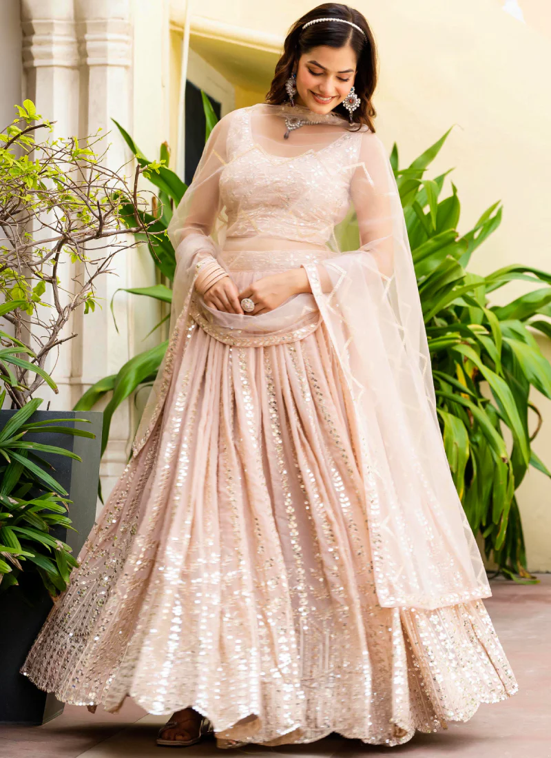 Georgette Zari Sequence Work Peach Festival Lehenga Choli For Women - Image 6