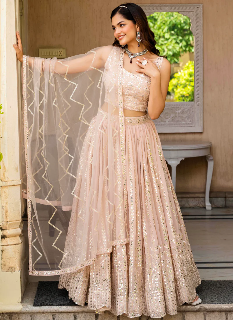 Georgette Zari Sequence Work Peach Festival Lehenga Choli For Women - Image 9