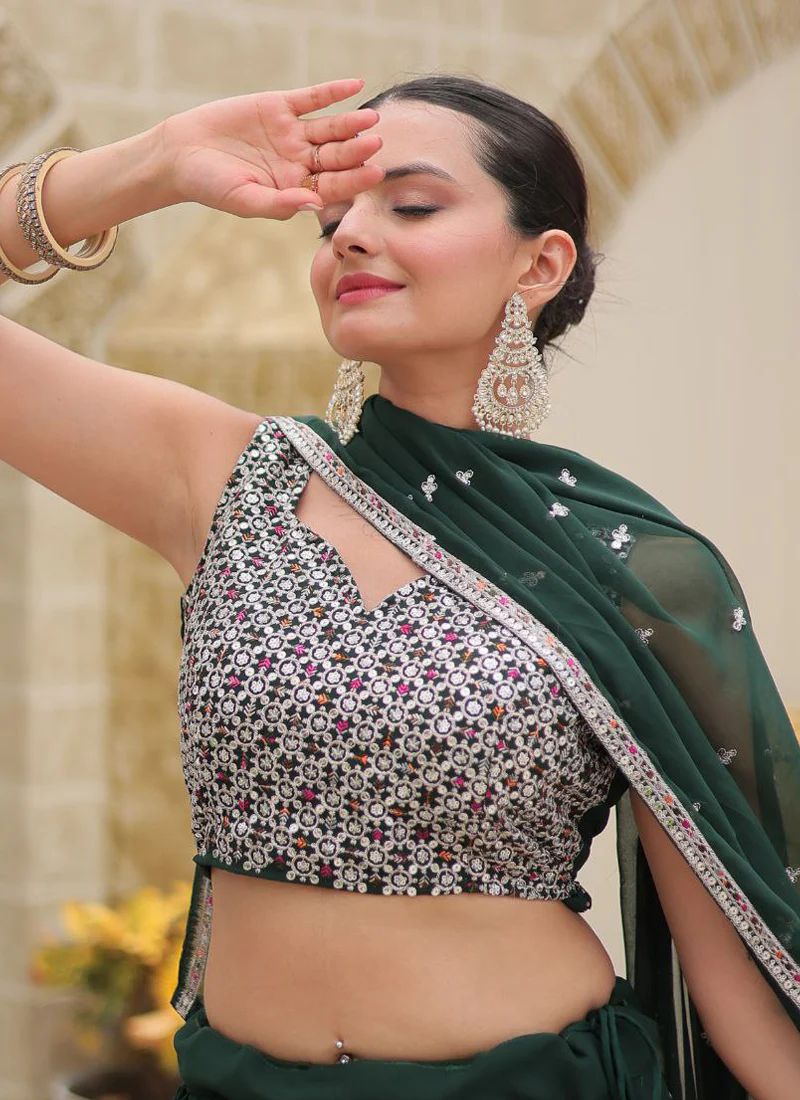 Glamorous Green Mehndi Function Georgette Embroidered Lehenga Choli - Image 3