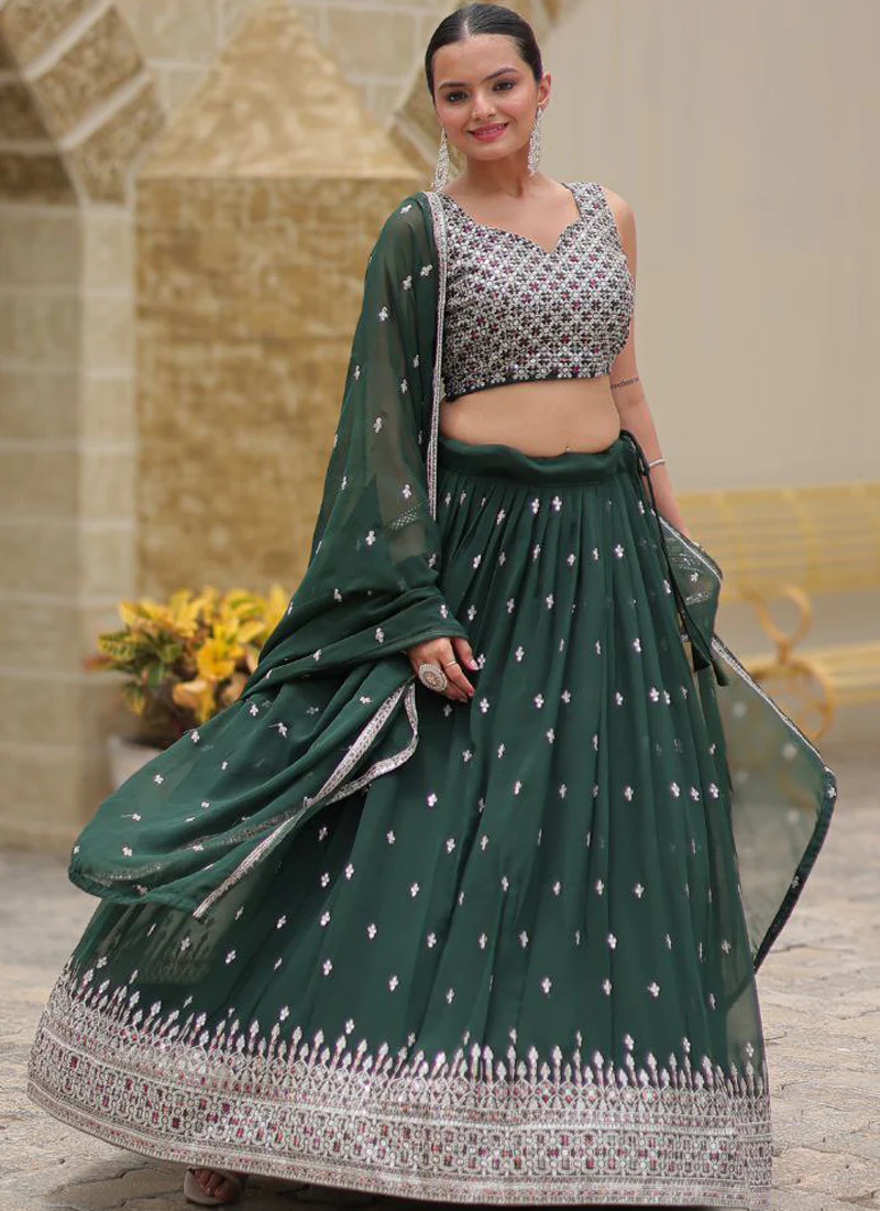 Glamorous Green Mehndi Function Georgette Embroidered Lehenga Choli - Image 4