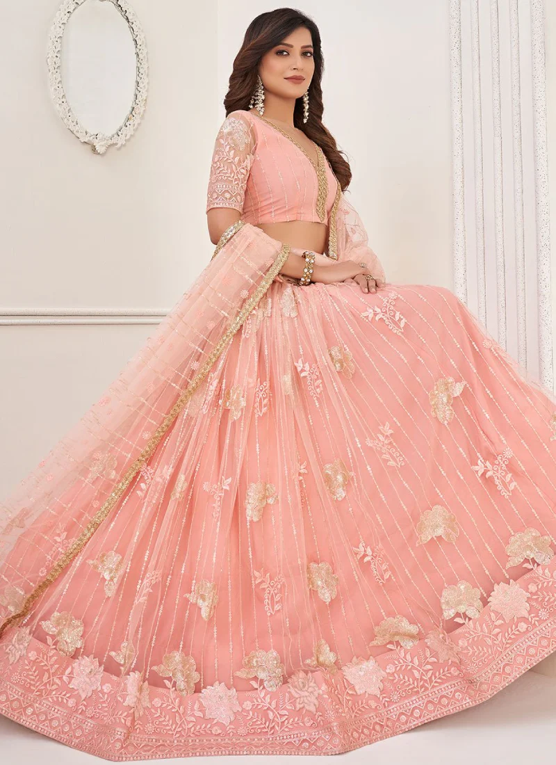 Glamorous Peach Embroidered Net Lehenga Choli For Wedding - Image 2