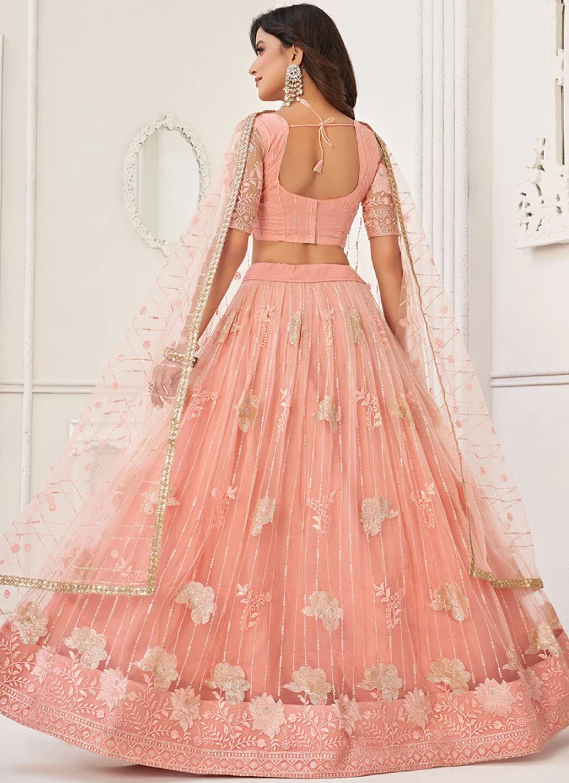 Glamorous Peach Embroidered Net Lehenga Choli For Wedding - Image 3