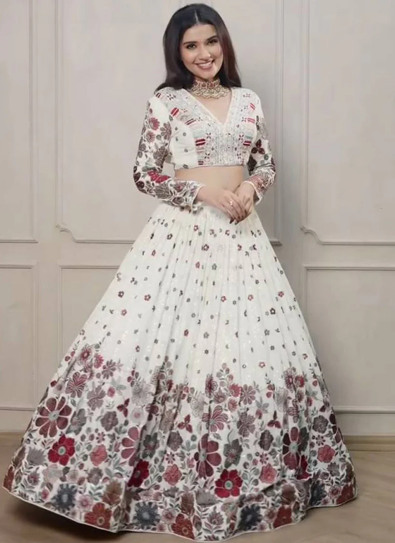 Glamorous White Floral Embroidered Party Wear Georgette Lehenga Choli - Image 2