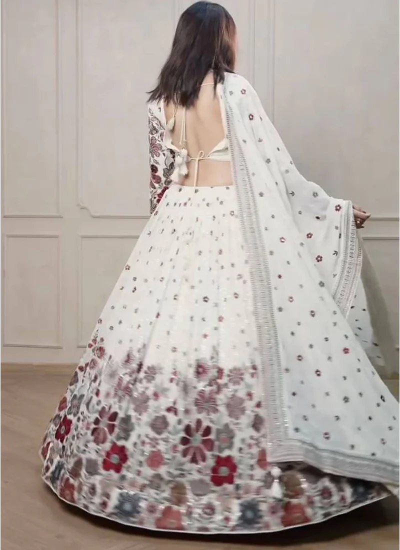 Glamorous White Floral Embroidered Party Wear Georgette Lehenga Choli - Image 3