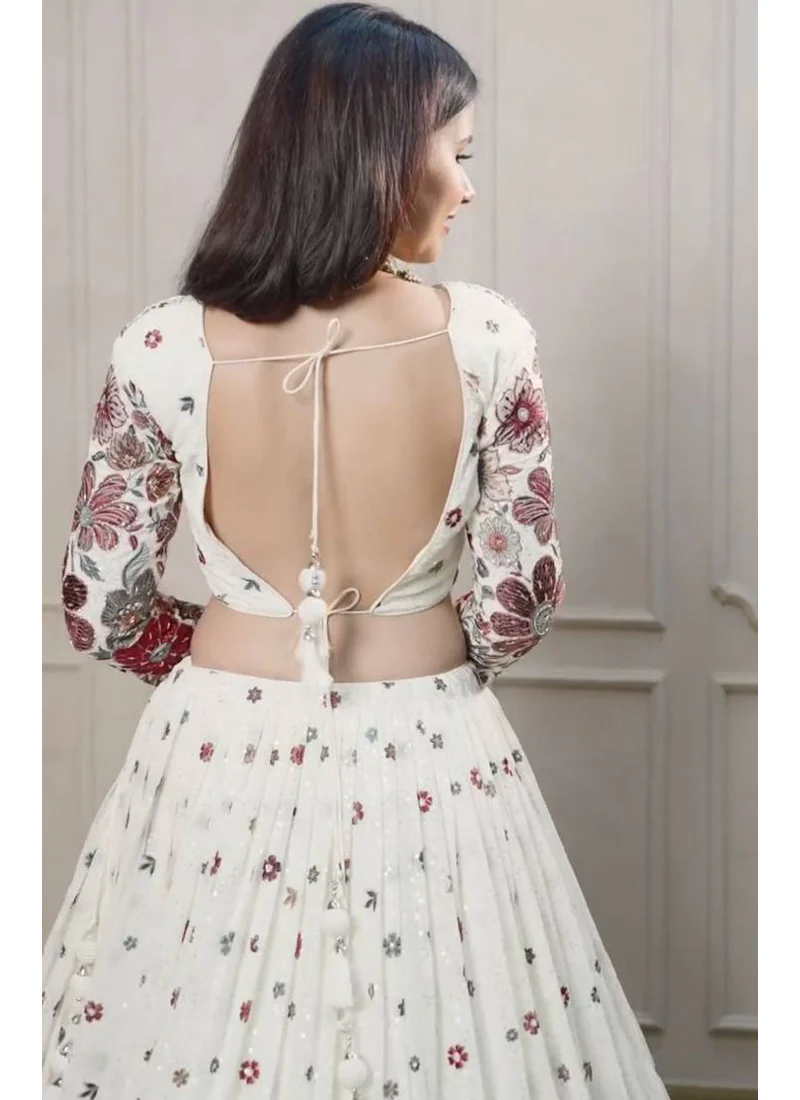 Glamorous White Floral Embroidered Party Wear Georgette Lehenga Choli - Image 4