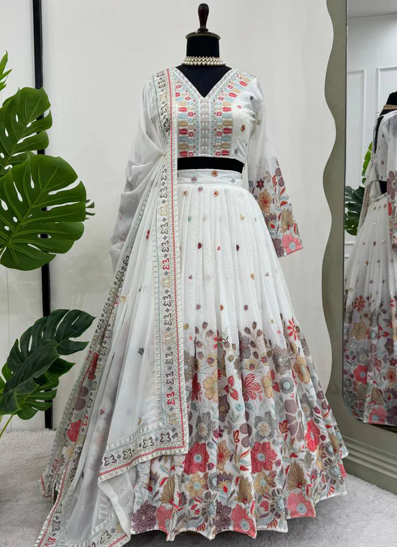 Glamorous White Floral Embroidered Party Wear Georgette Lehenga Choli - Image 5