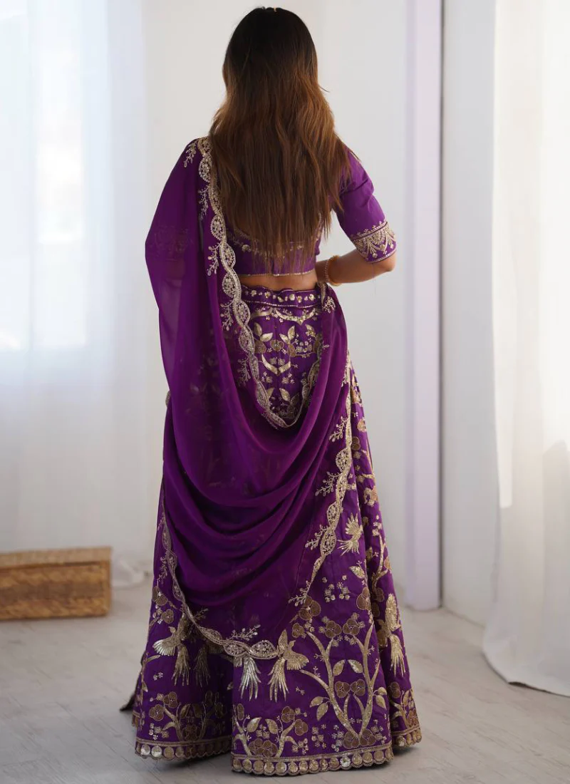 Glamorous Zari Sequence Work Art Silk Purple Indian Wear Lehenga Choli - Image 4