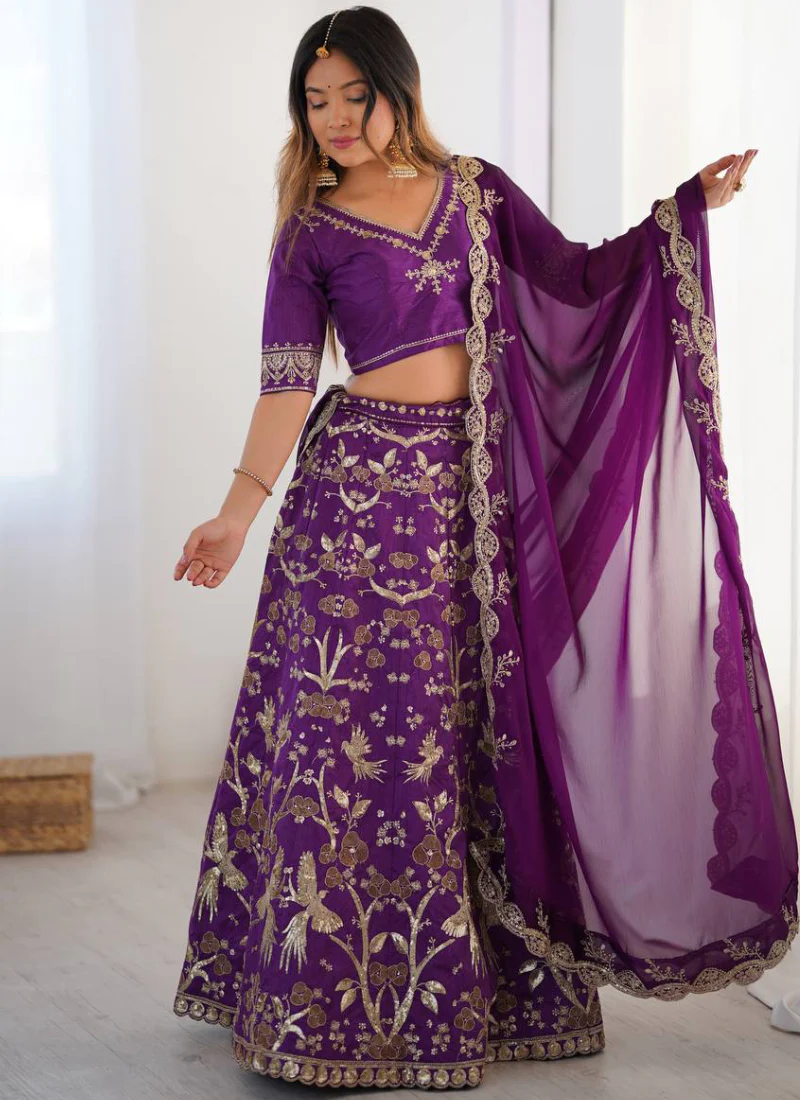 Glamorous Zari Sequence Work Art Silk Purple Indian Wear Lehenga Choli - Image 5