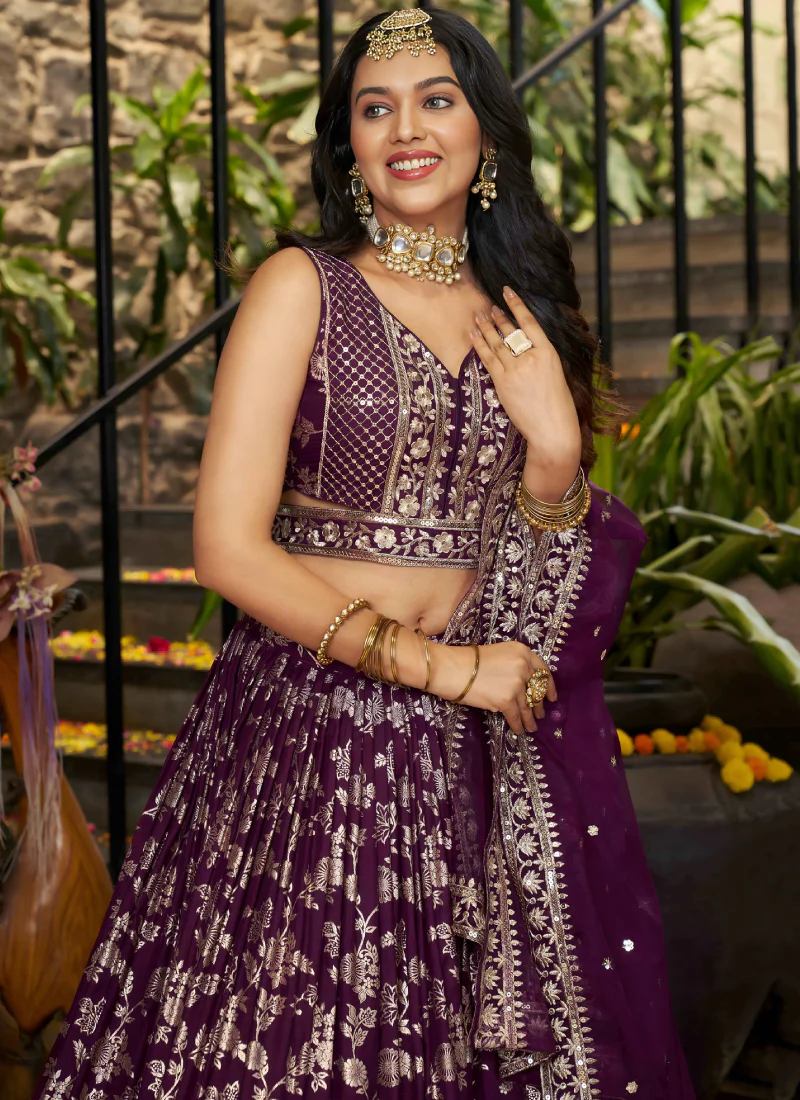 Glamorous Zari Weaving Sequence Jacquard Silk Wine Lehenga Choli Set - Image 2