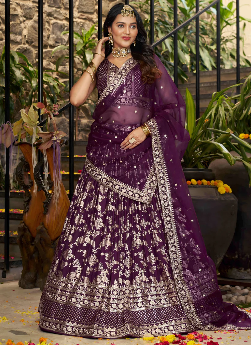 Glamorous Zari Weaving Sequence Jacquard Silk Wine Lehenga Choli Set - Image 3