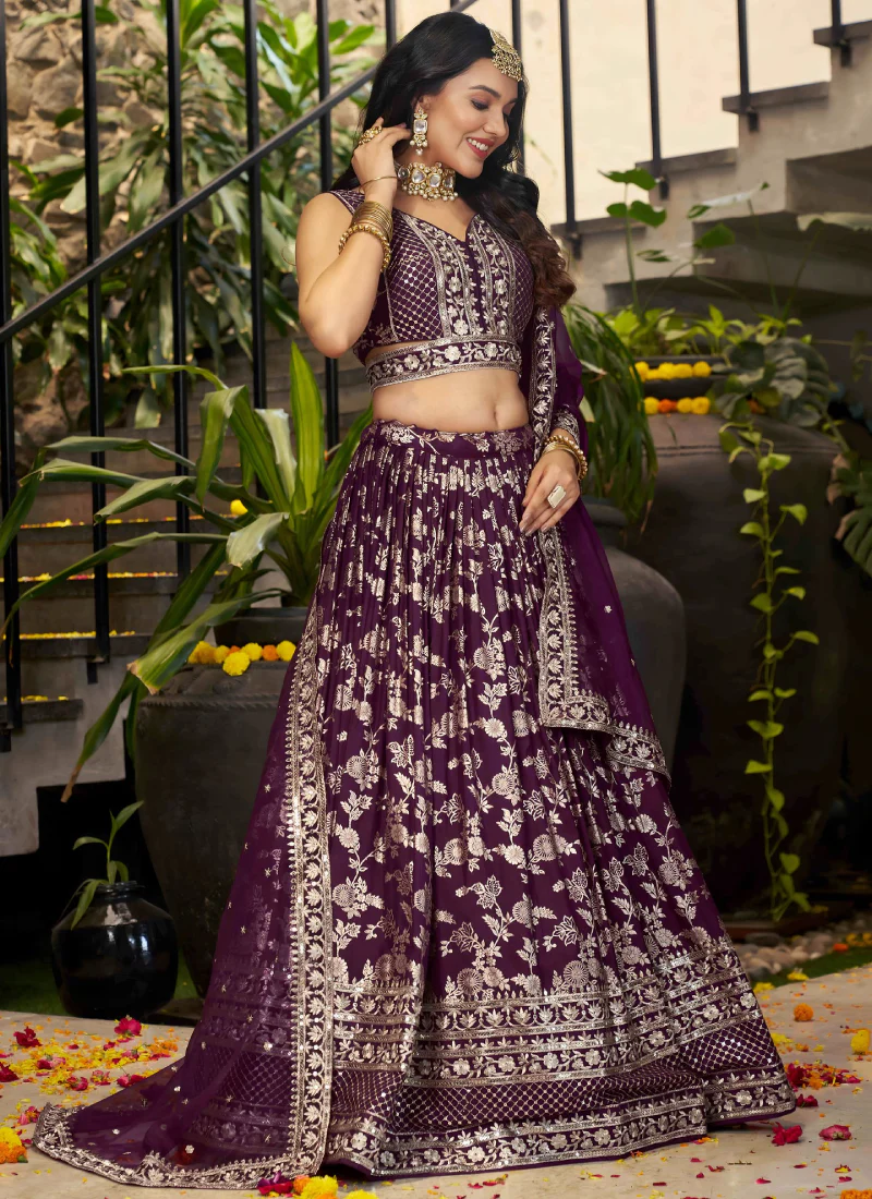 Glamorous Zari Weaving Sequence Jacquard Silk Wine Lehenga Choli Set - Image 4
