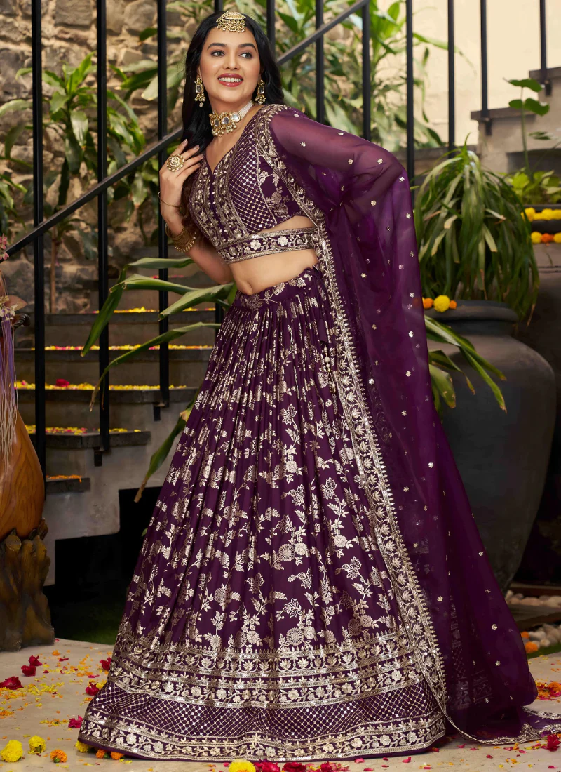 Glamorous Zari Weaving Sequence Jacquard Silk Wine Lehenga Choli Set - Image 5