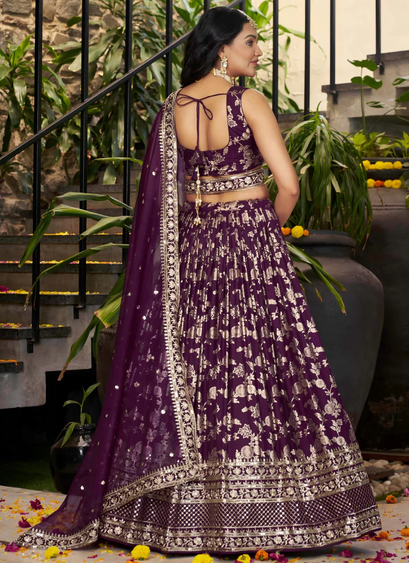 Glamorous Zari Weaving Sequence Jacquard Silk Wine Lehenga Choli Set - Image 7
