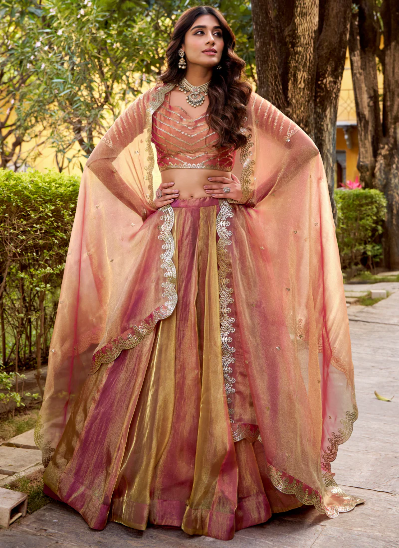Gold Pink Organza Silk Plain Lehenga With Zari Embroidered Blouse