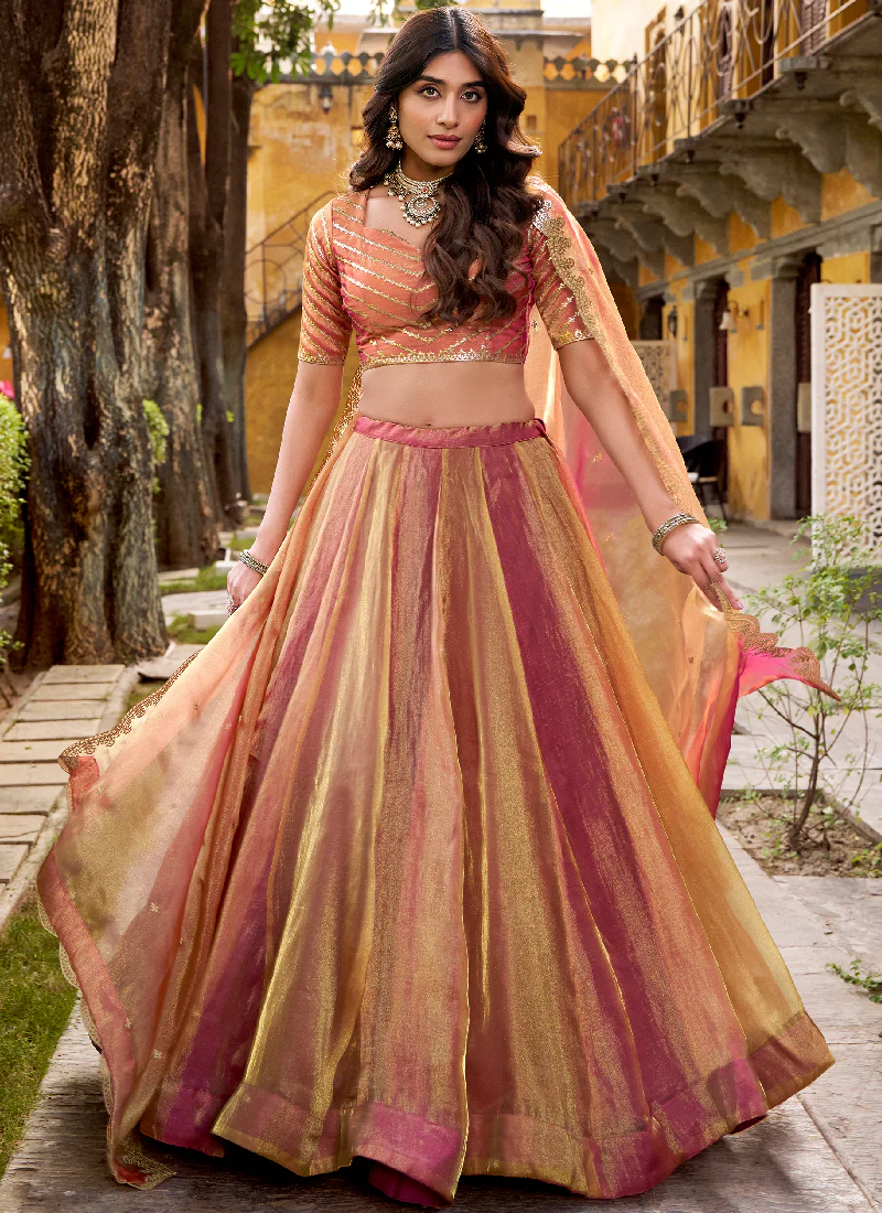 Gold Pink Organza Silk Plain Lehenga With Zari Embroidered Blouse - Image 3