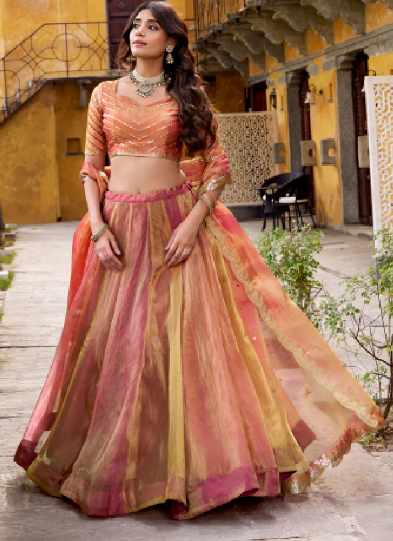 Gold Pink Organza Silk Plain Lehenga With Zari Embroidered Blouse - Image 5