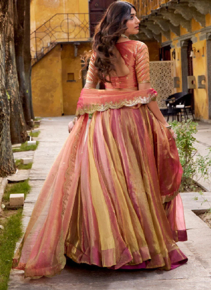 Gold Pink Organza Silk Plain Lehenga With Zari Embroidered Blouse - Image 6