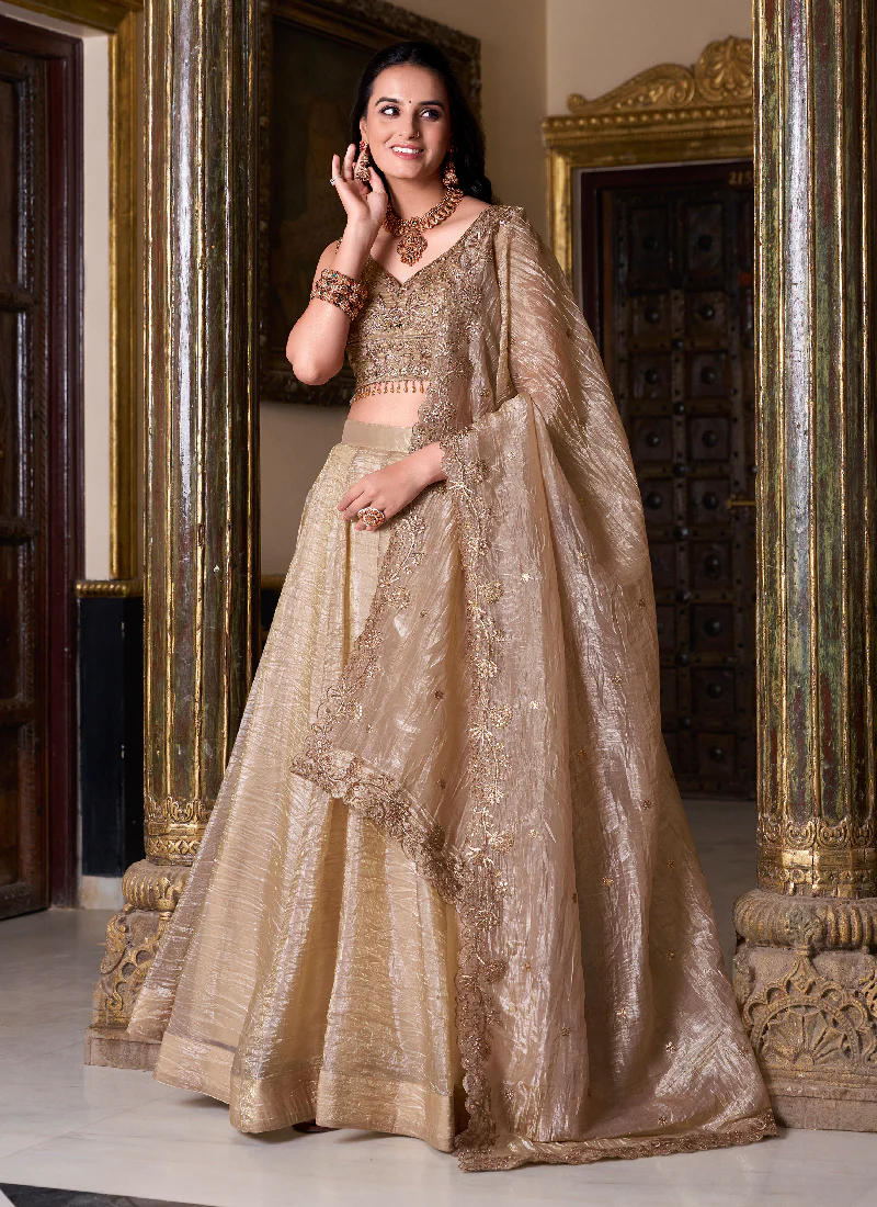 Golden Color Plain Silk Lehenga With Zari Embroidered Work Blouse - Image 3