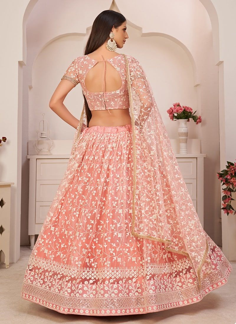 Gorgeous Peach Mono Net Wedding Wear Lehenga Choli - Image 2