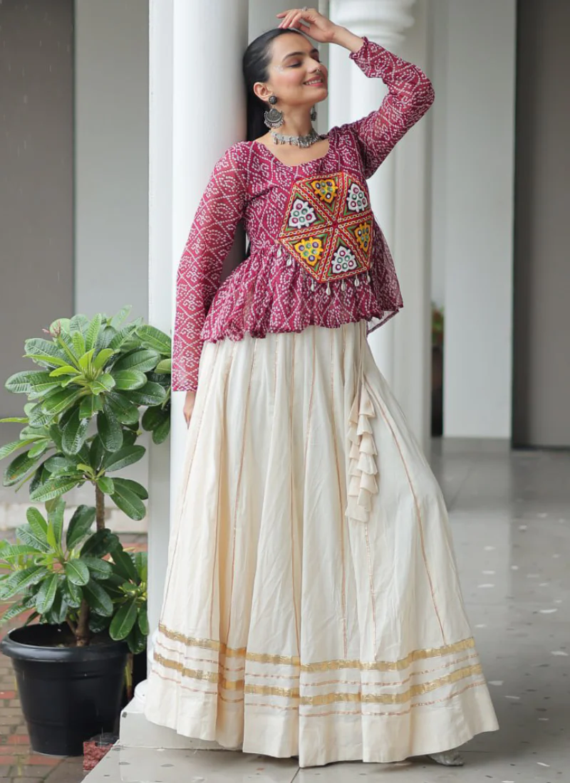 Gota Patti Work Beige Lehenga With Bandhani Printed Maroon Kediya - Image 5