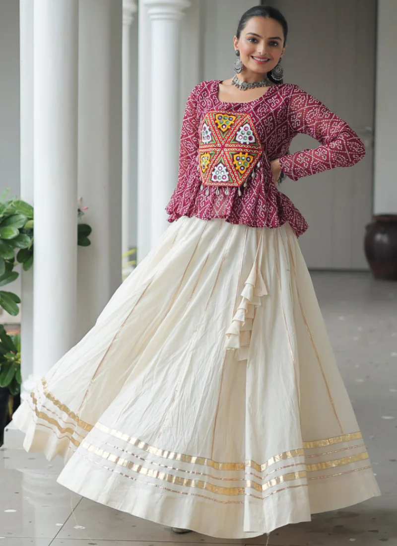 Gota Patti Work Beige Lehenga With Bandhani Printed Maroon Kediya - Image 7