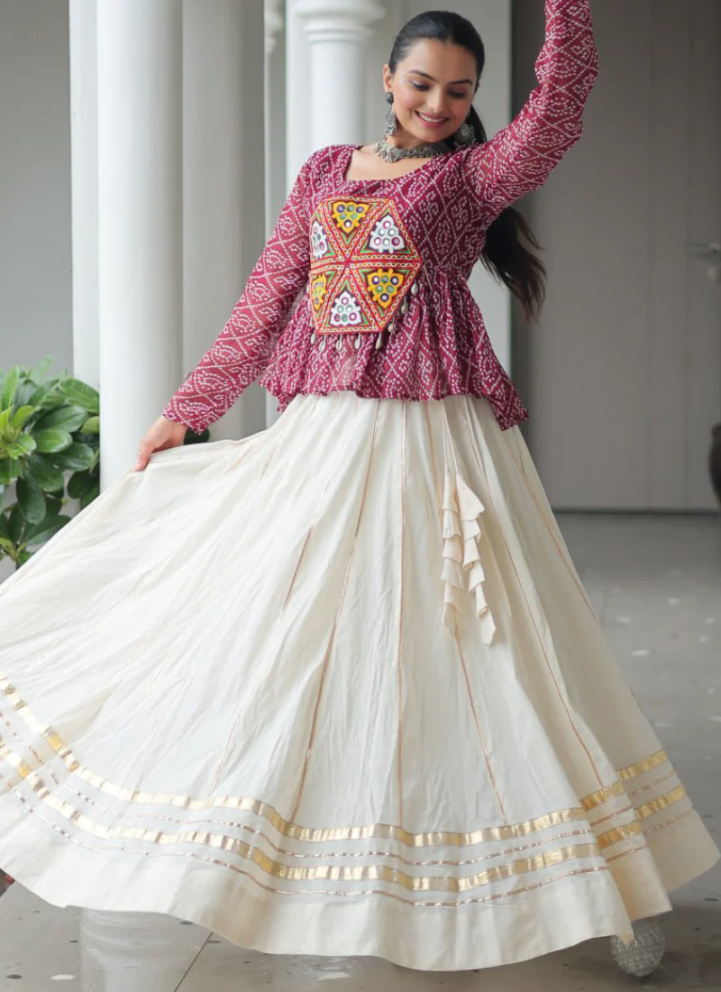 Gota Patti Work Beige Lehenga With Bandhani Printed Maroon Kediya - Image 9