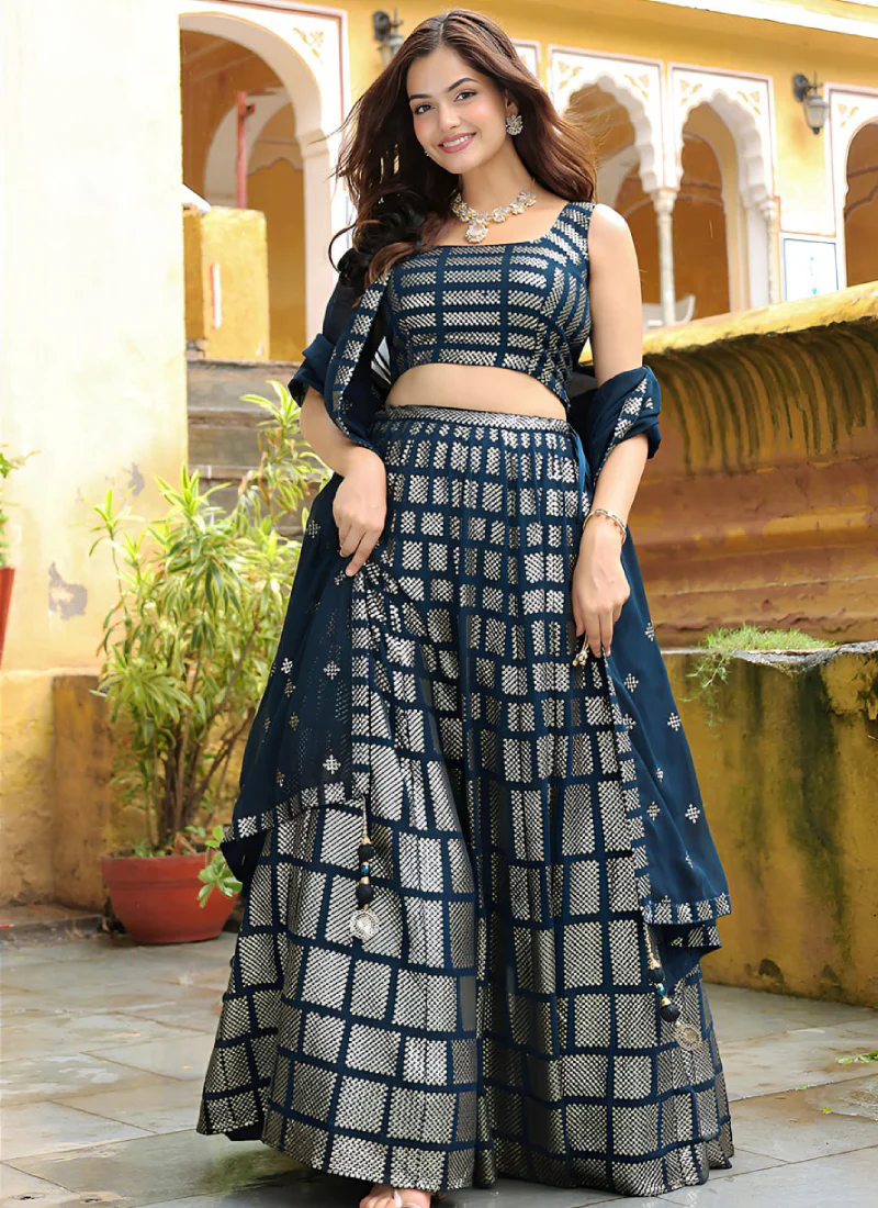Graceful Heavy Sequence Embroidered Dark Blue Georgette Lehenga Choli - Image 4