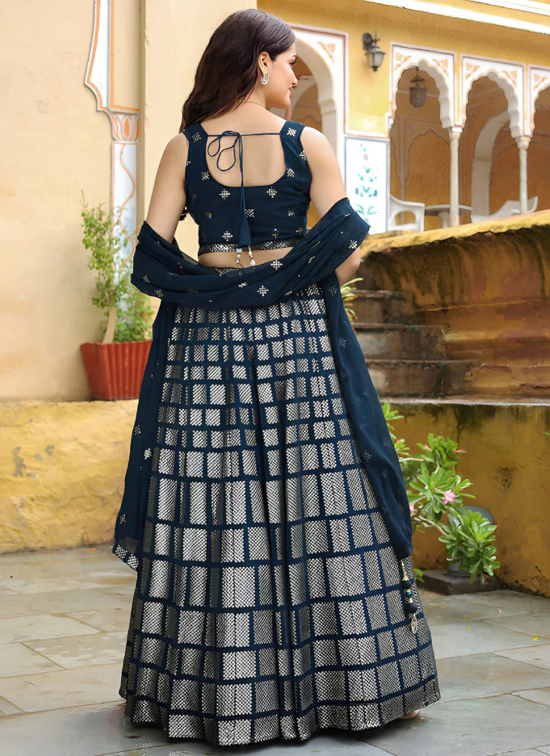 Graceful Heavy Sequence Embroidered Dark Blue Georgette Lehenga Choli - Image 7