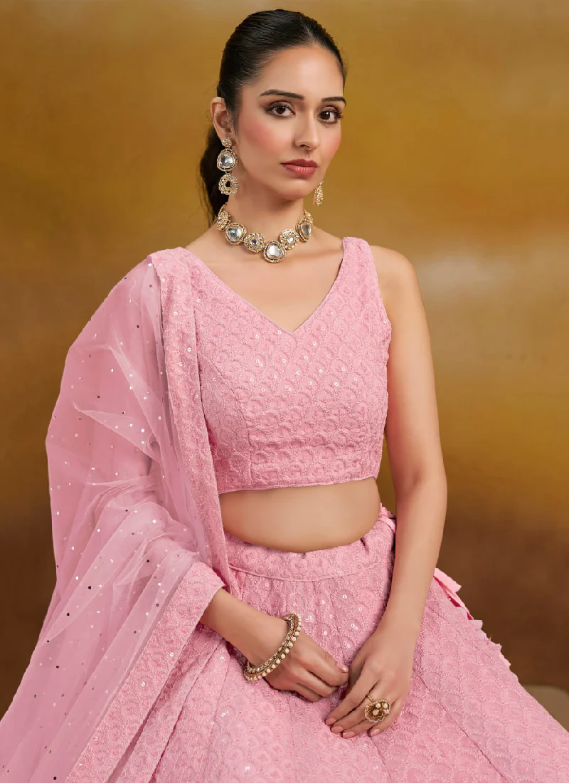 Grateful Light Pink Georgette Sequence Embroidery Work Lehenga Choli - Image 3