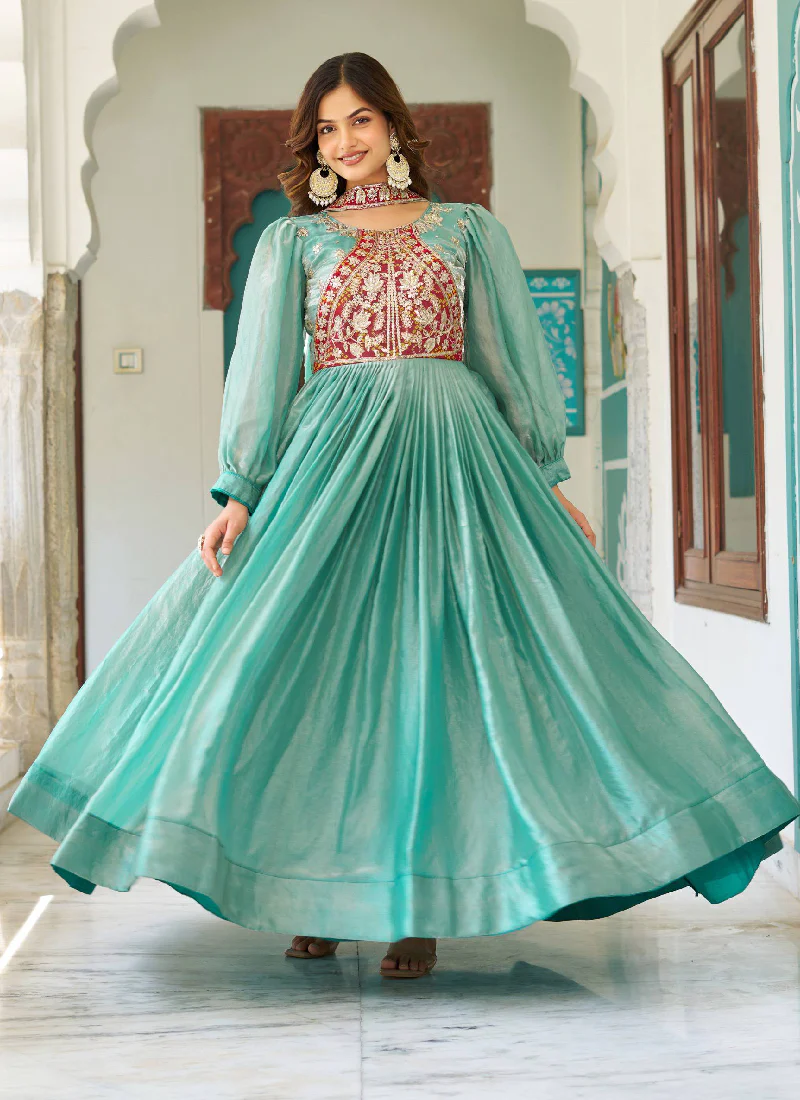 Grateful Occasion Wear Embroidered Green Silk Long Gown With Dupatta - Image 4