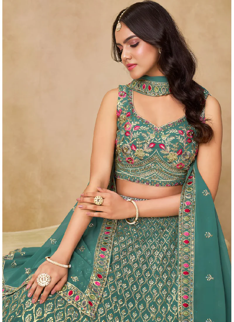 Green Georgette Sequence Embroidered Work Party Wear Lehenga Choli - Image 2