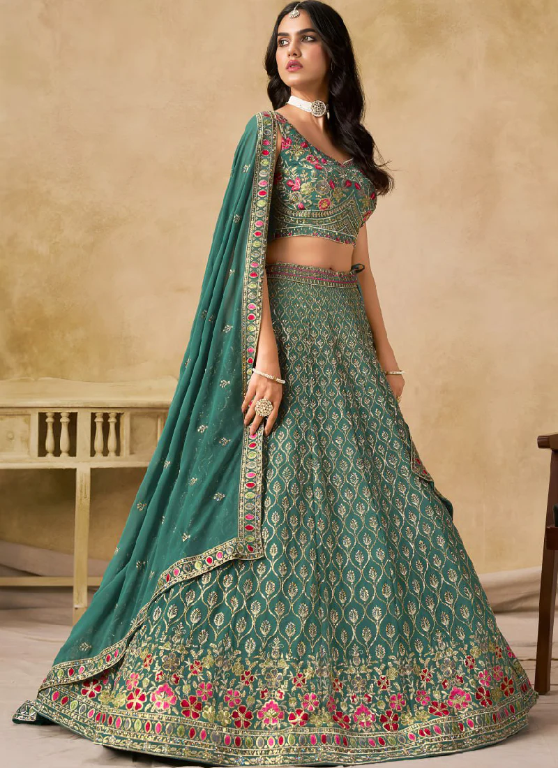 Green Georgette Sequence Embroidered Work Party Wear Lehenga Choli - Image 3