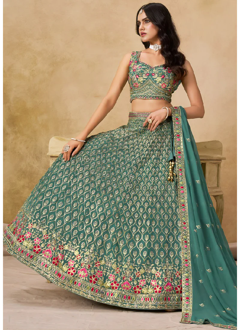 Green Georgette Sequence Embroidered Work Party Wear Lehenga Choli - Image 4