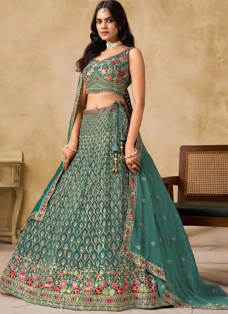 Green Georgette Sequence Embroidered Work Party Wear Lehenga Choli - Image 5