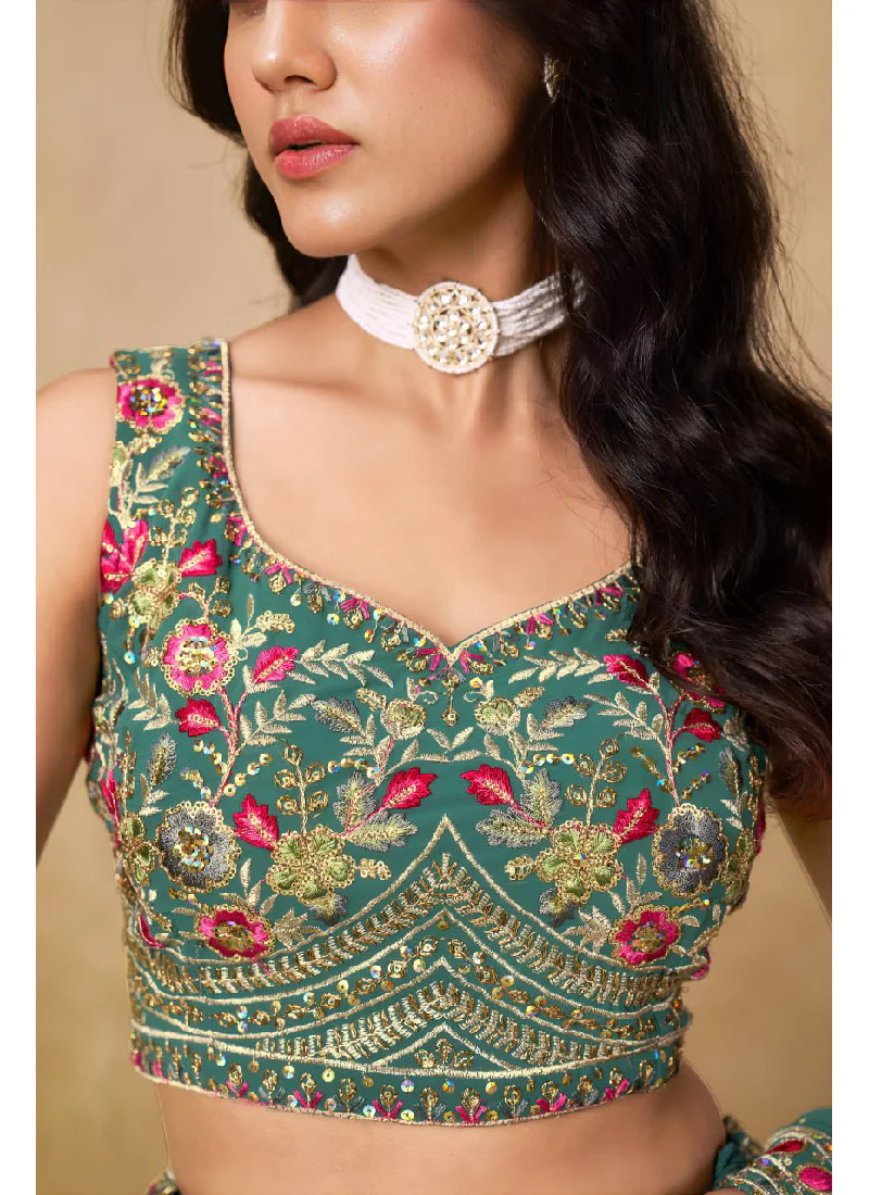 Green Georgette Sequence Embroidered Work Party Wear Lehenga Choli - Image 6